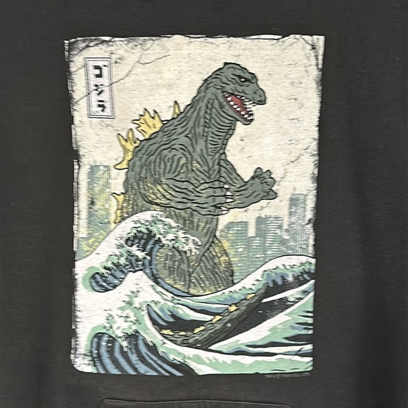 Godzilla Woodcut Emerges From Tsunami Hooded Sweatshirt ocean, S - Picture 1 of 6